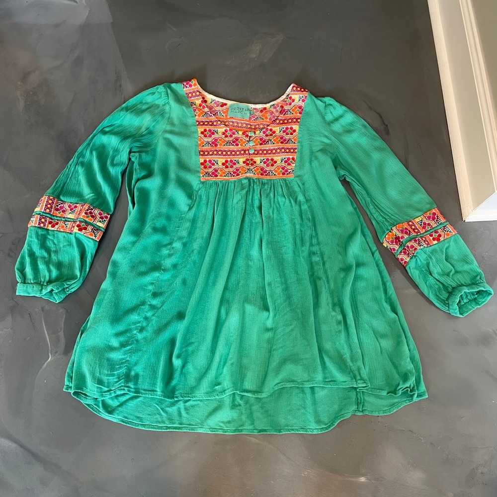 Judith March Green Embroidered Boho Tunic Top Women Large Long Sleeve Peasant